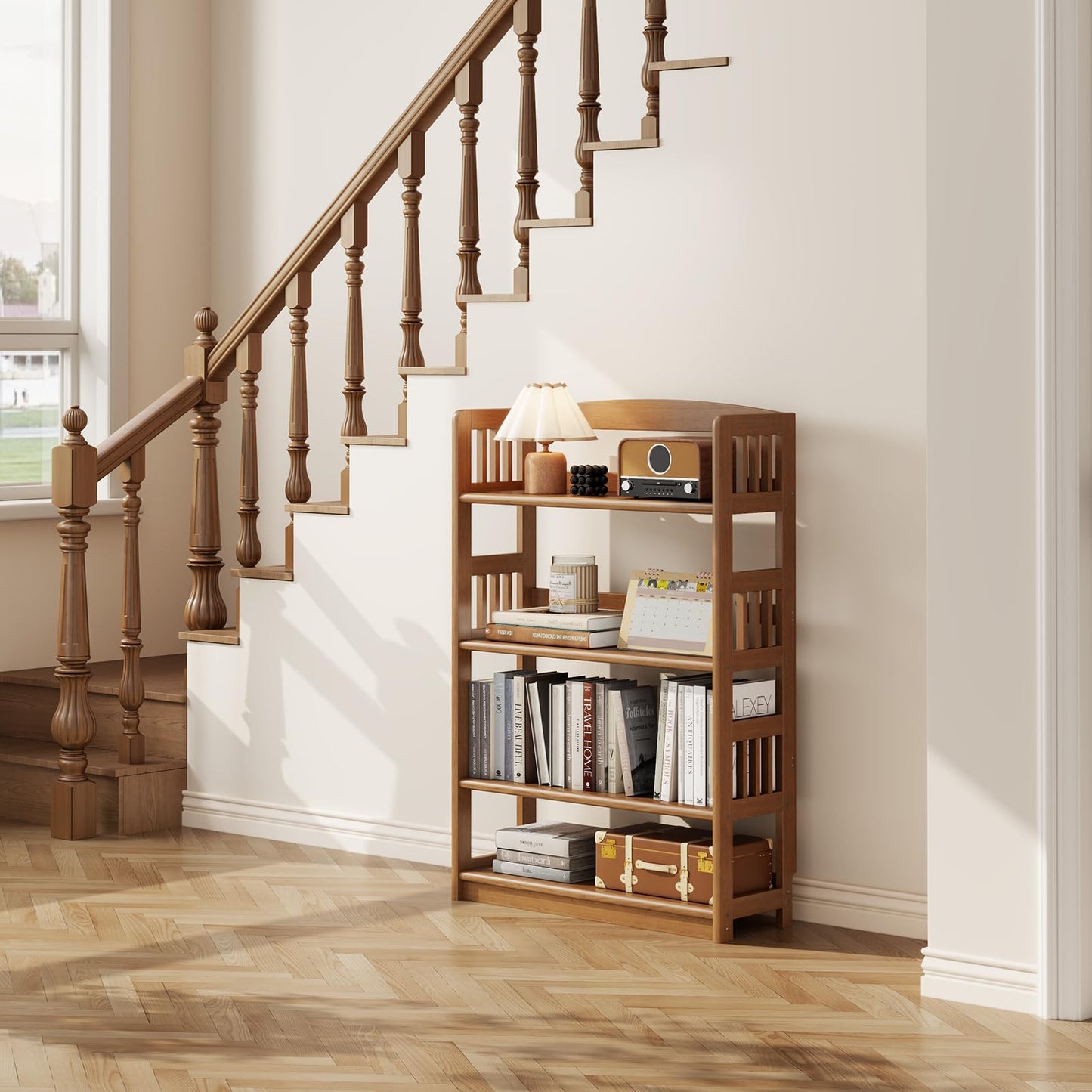AnywaysWood 4 Tier Solid Wood Open Shelf Bookcase,Modern Wooden Display Bookshelf,Farmhouse Wide Bookshelves, Freestanding Storage Cabinet for Study Room Office Living Room sunroom