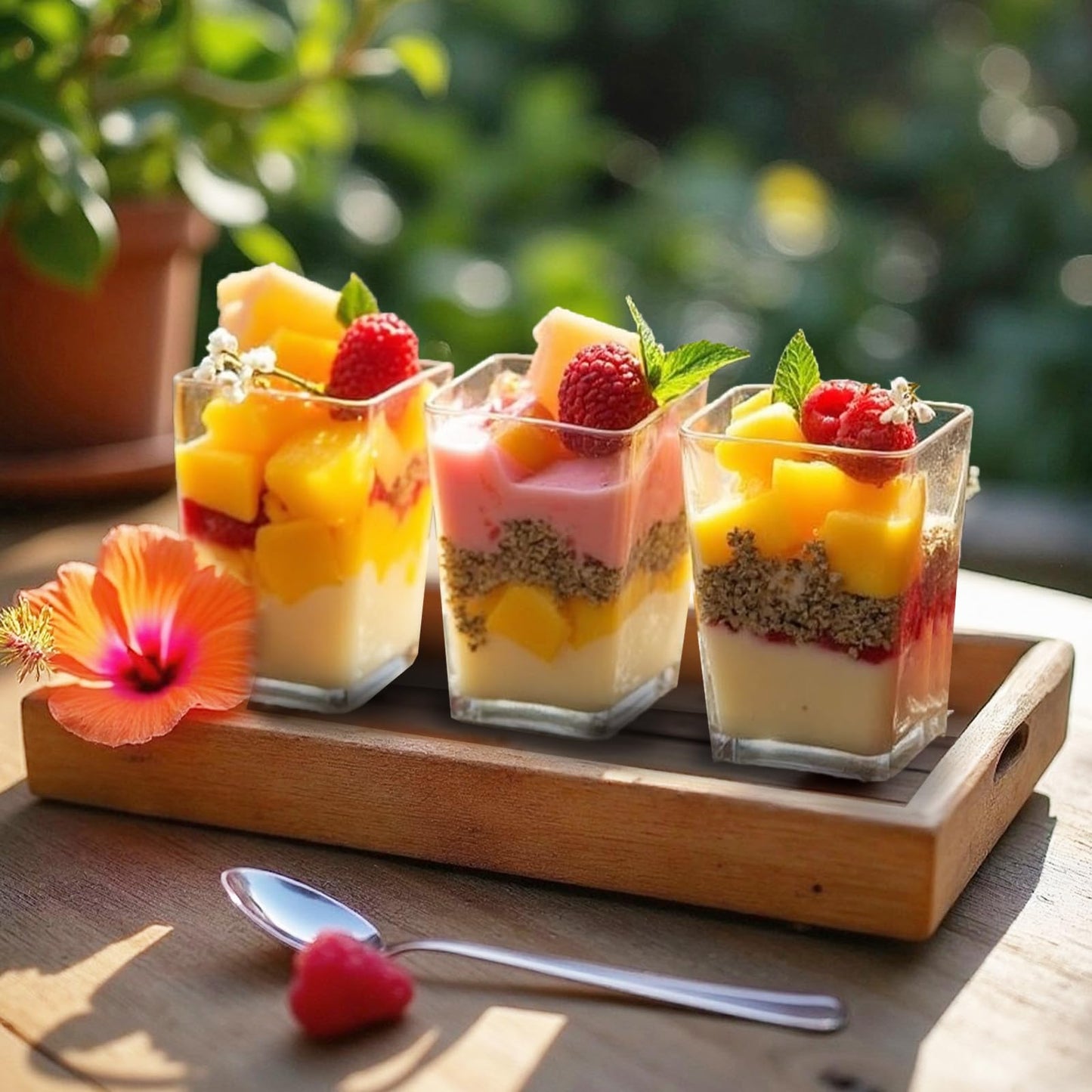 XCRUI 100Pack 5oz Dessert Cups with Lids and Spoons,Plastic Parfait Appetizer Cup,Disposable Plastic Cups, Great for Desserts, Appetizers, Puddings, Mousse