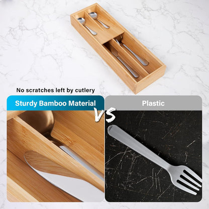 Bamboo Silverware Drawer Organizer Kitchen Utensil Tray Holder for Flatware, Cutlery, Spoon, Forks, Knives