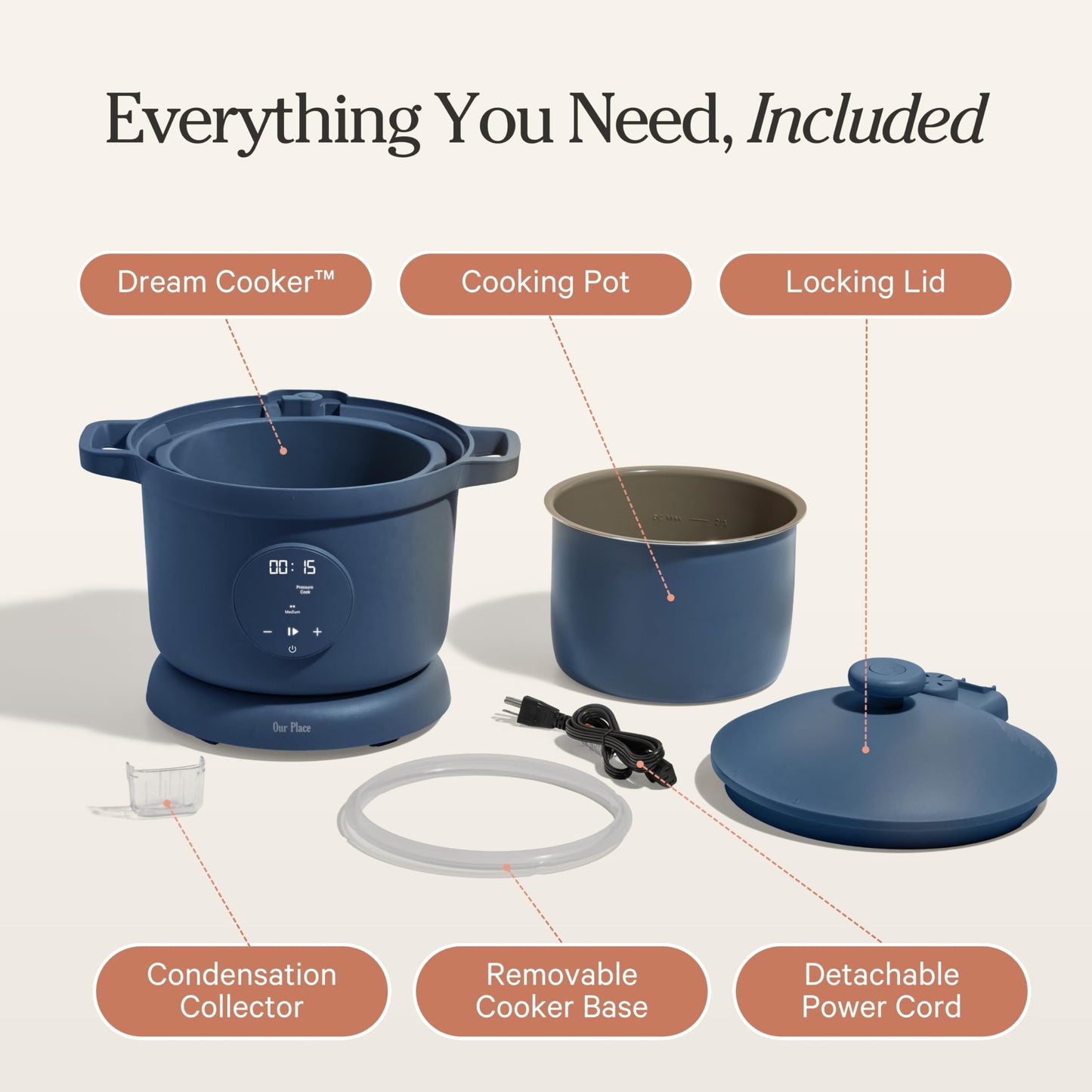 Our Place Dream Cooker | 6 Qt Ceramic Nonstick Multicooker & Pressure Cooker with Touchscreen Controls & Auto Steam Release | 4 Modes: Pressure Cook, Sauté/Sear, Slow Cook & Warm | Blue Salt