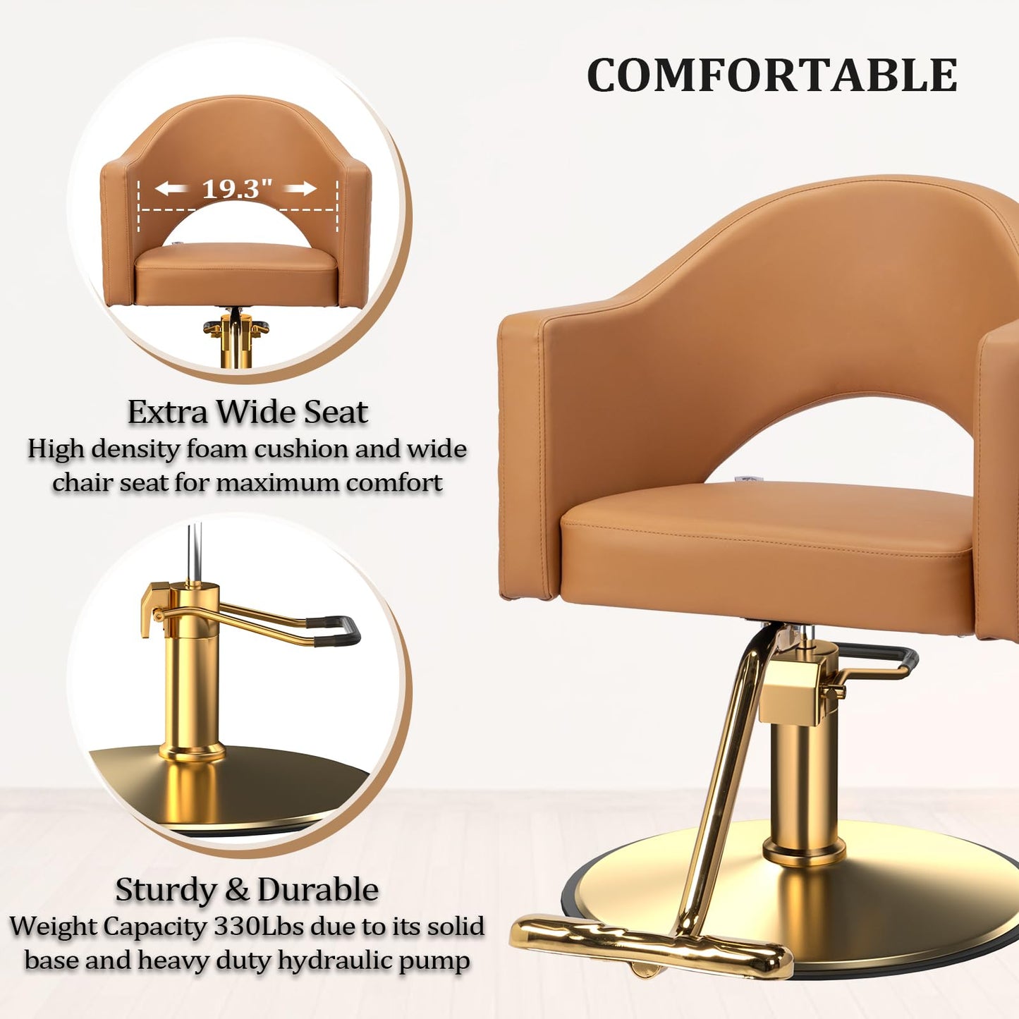 OmySalon Barber Chairs for Barbershop Gold Brown Styling Chair, Salon Chair for Hair Stylist, Heavy Duty Hydraulic Pump, 360°Swivel with Footrest, Hairdressing Home Beauty Spa Equipment