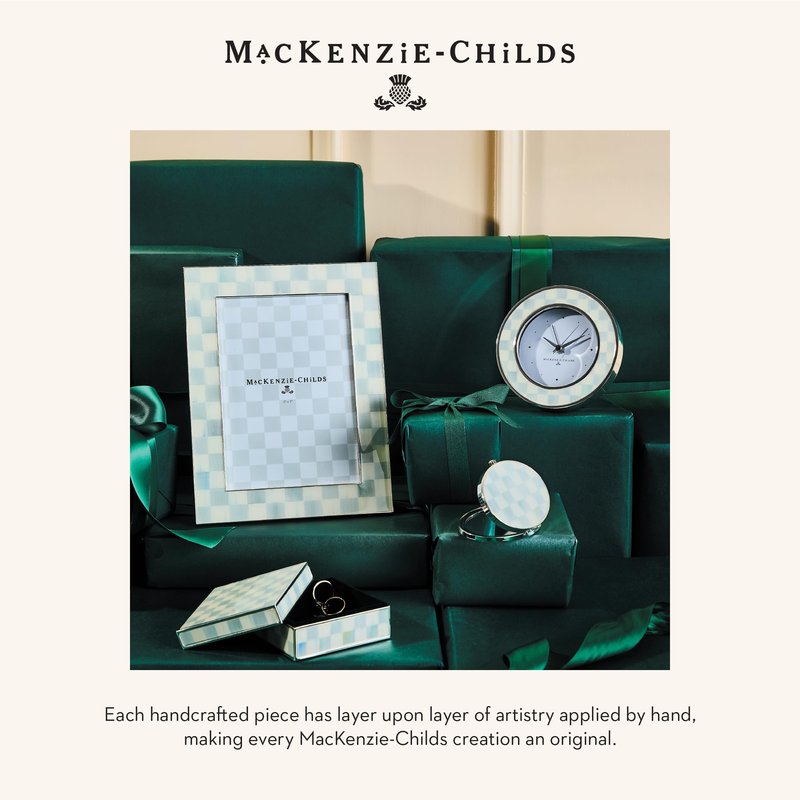 MACKENZIE-CHILDS Silver-Plated Round Desk Clock, Decorative Clock for Living Room, Kitchen, or Office, Gray-and-White Sterling Check