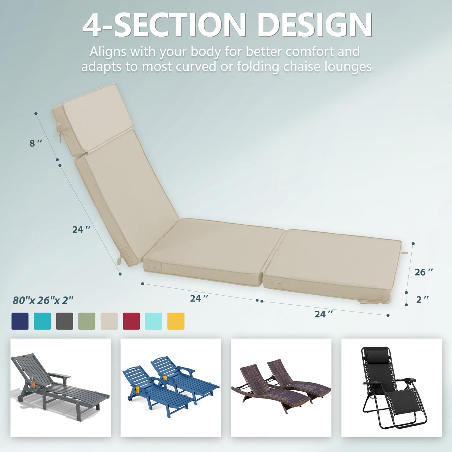 Honorbox 80 x 26 Inch Outdoor Chaise Lounge Cushions Set of 4 - Removable Cover, 4-Section Design, Water-Repellent & Fade-Resistant, 6 Tie Straps, Replacement for Patio & Pool Chairs - Cream