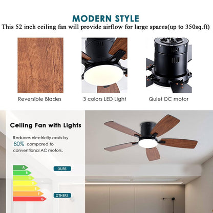 Ayaoty Ceiling Fans with Lights, 42 inch Low Profile Ceiling Fan with Light and Remote Control, Flush Mount, LED Dimmable DC Reversible Modern Ceiling Fan for Bedroom