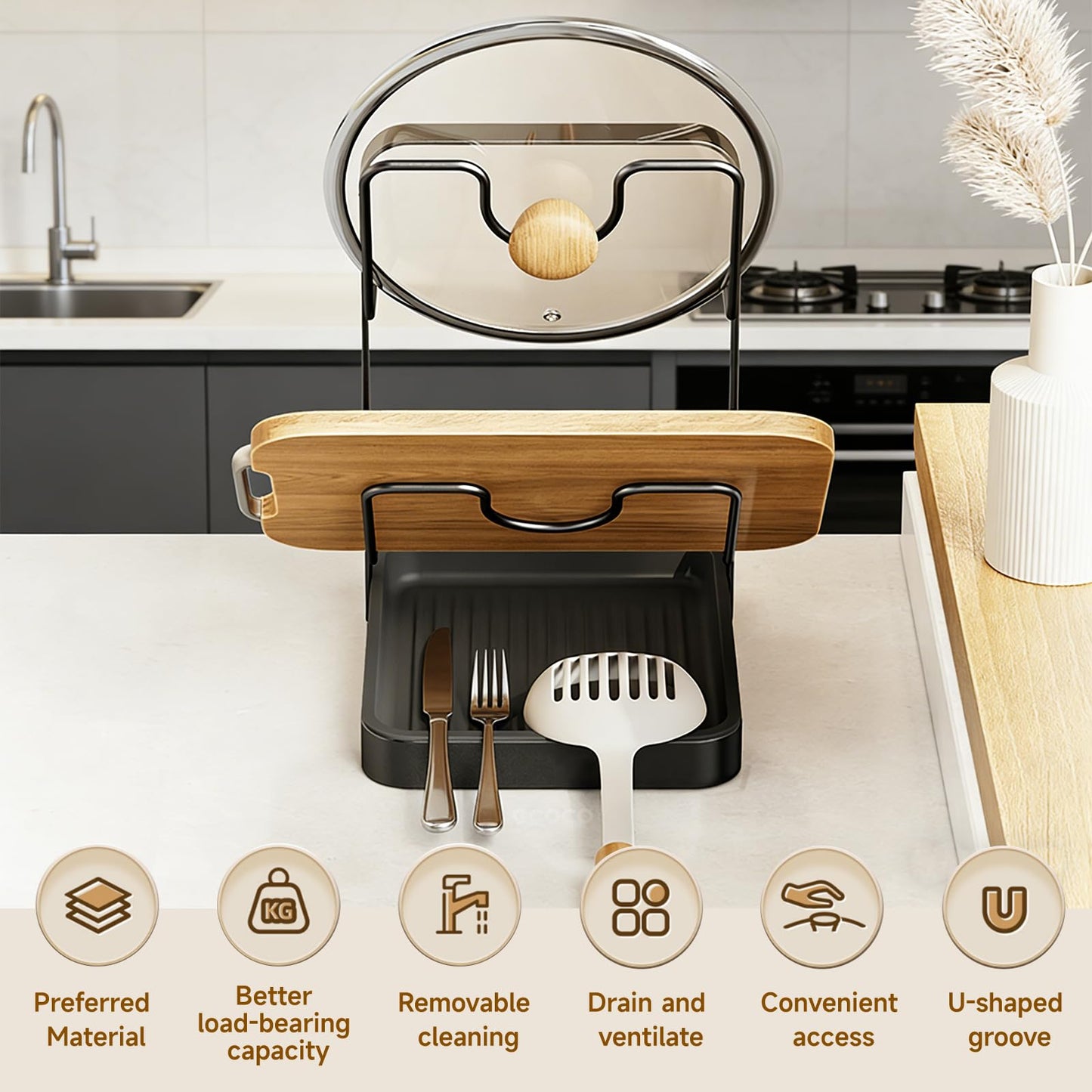 LzzzFZCF Kitchen Pot Lid Storage Rack, 2-Tier Lids Holder with Detachable Drip Tray While Cooking, Multifunctional Countertop Organizer for Cutting Boards, Ladles and Pan Covers