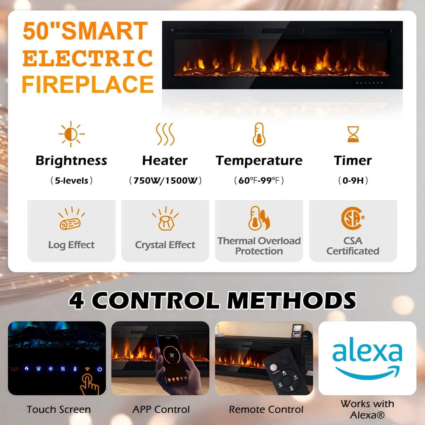 MXV 80" Fireplace TV Stand, Modern Entertainment Center with 50 Inch Smart Fireplace, Adjustable Shelf & Glass Door, Fire Place with WI-FI Enabled, TV Console for Living Room, Black