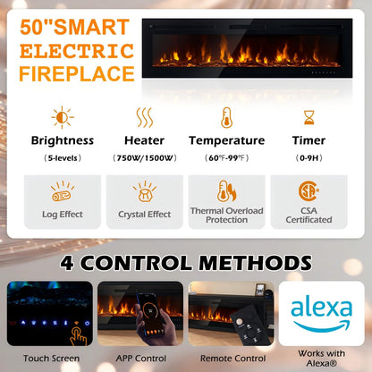 MXV 80" Fireplace TV Stand, Modern Entertainment Center with 50 Inch Smart Fireplace, Adjustable Shelf & Glass Door, Fire Place with WI-FI Enabled, TV Console for Living Room, Black