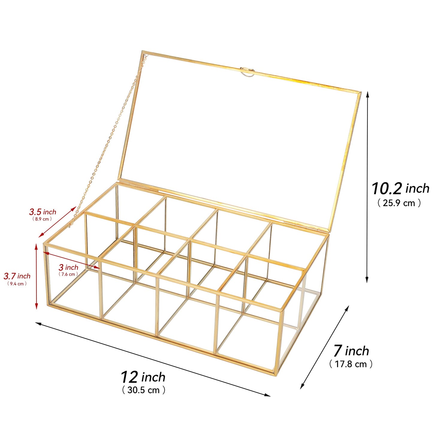 REDHUGO Glass Tea Bag Organizer with 8 Compartments, Handmade Large Tea Bag Storage Box for Counter Kitchen, Tea Bag Holder,Tea Storage Containers with Lid,Tea Accessories Gifts for Tea Drinkers,Gold