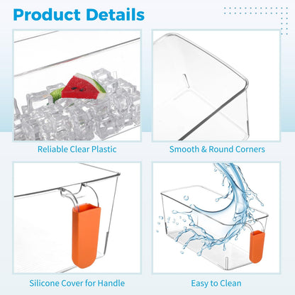 2 PCS Ice Bin with Scoop and Tong, Ice Bucket with Pull-out Handle for Freezer, 2 Sizes Clear Plastic Ice Container for DIY Drink Summer Party, 12.2 x 6.9 x 4.3 in, 12.2 x 4.9 x 4.3 in
