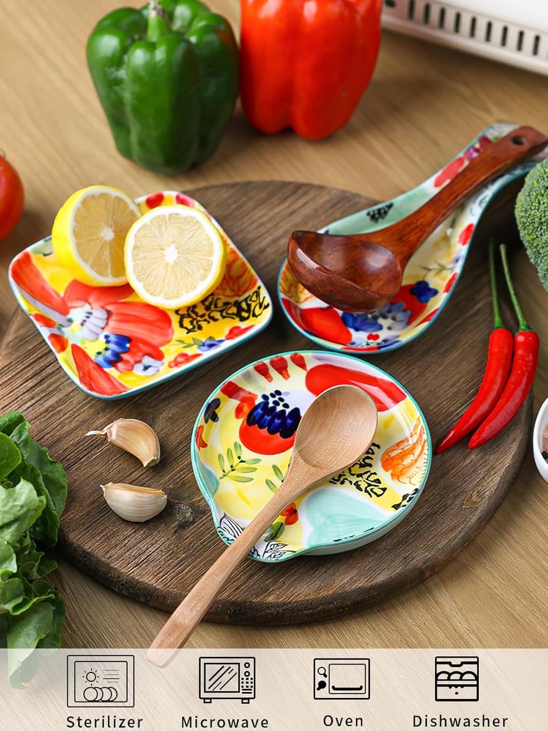 Colorful Hand Painted Spoon Rest, Ceramic Large Spoon Holder for Kitchen Counter, Dishwasher Safe, Multicolor (1 Pack)