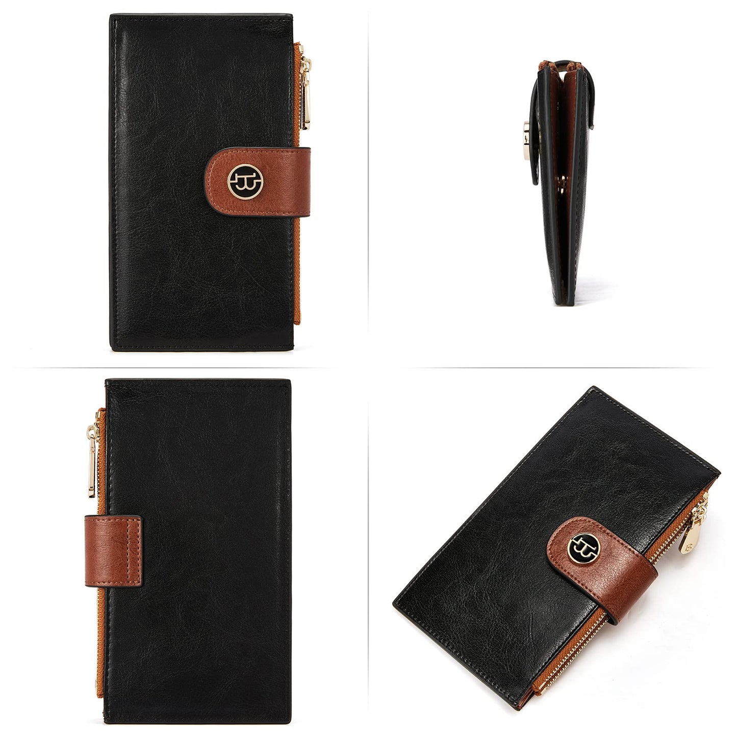 BOSTANTEN Leather Wallets for Women Large RFID Blocking Slim Bifold Purse Card Holder with Zipper Pocket Black＆Brown