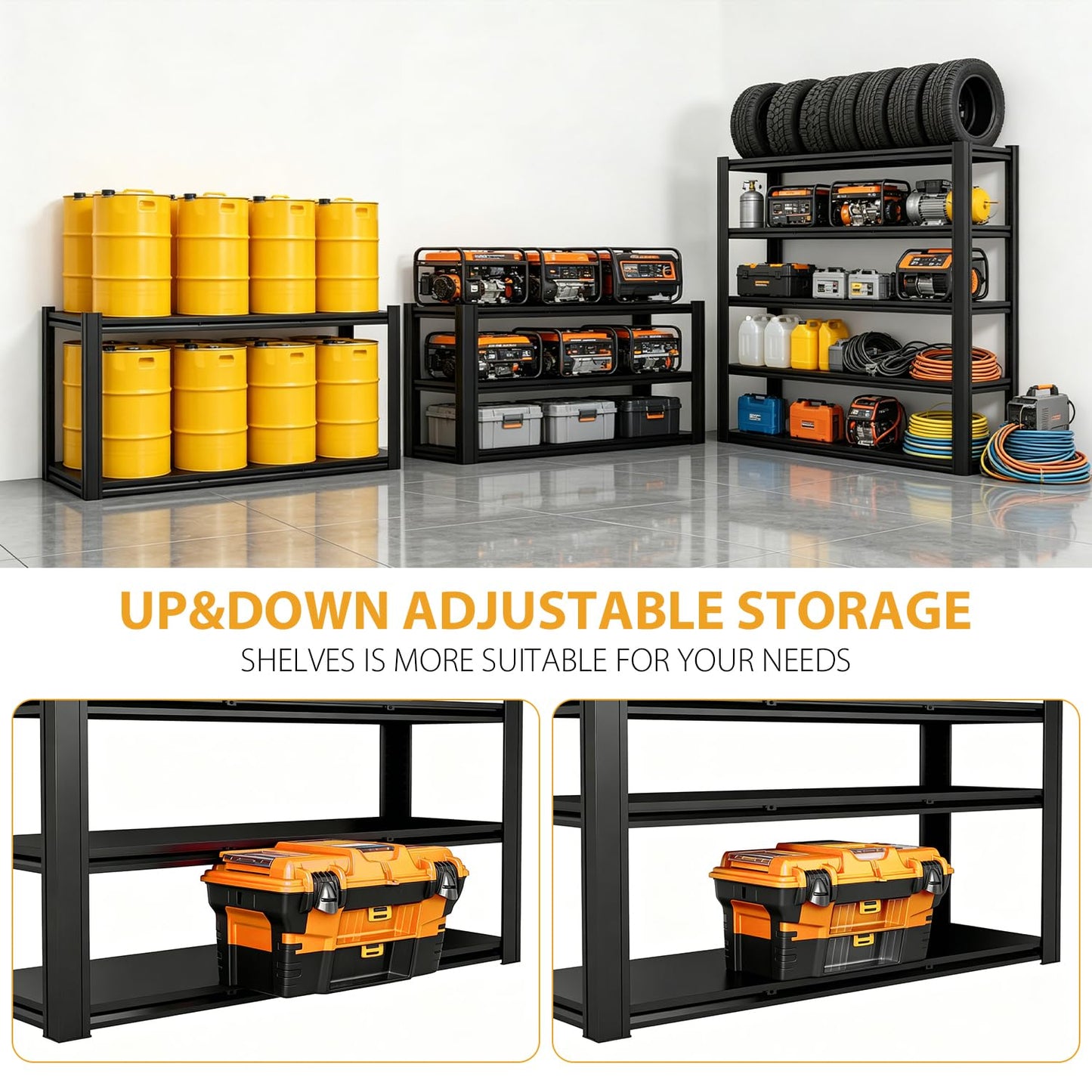 KIFDYTH 62" Wide Heavy Duty Garage Shelving Units, 3500 LBS Storage Shelves, Black Metal Garage Shelves, Large Storage Rack,Industrial Shelving for Shop,Warehouse,Basement(84" H×62W×24.05D)