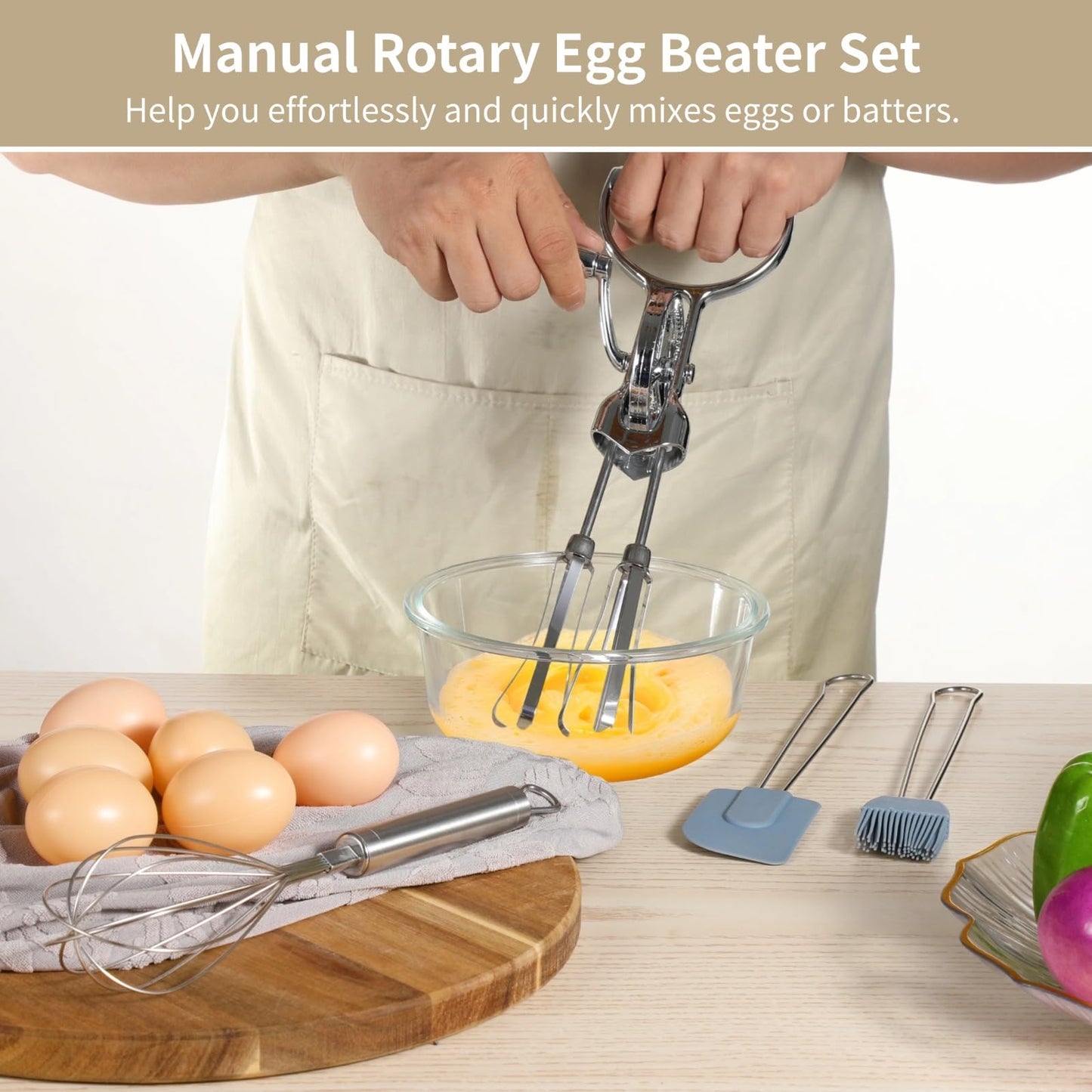Rotary Egg Beater Set, Manual Rotating Beater with Mixer, Silicone Brush, and Spatula, Double-head Hand Push Whisk, Household Ehisk Accessories for Baking