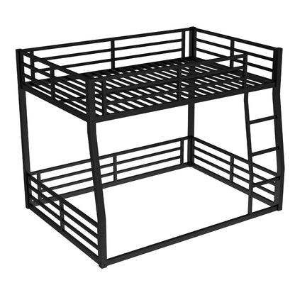 Full XL Over Queen Bunk Bed Frame with Noise Reduced Design, Heavy Buty Floor Bunk Bed Full XL Over Queen Bunk Beds with Build in Ladder for Adults, Teens(Black Floor Bunk Bed)