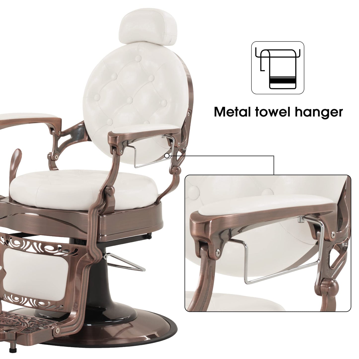 BarberPub Heavy Duty Metal Vintage Barber Chair All Purpose Hydraulic Recline Salon Beauty Spa Chair Styling Equipment 8914 (White with Reddish Bronze Frame)