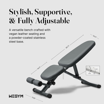 WeGym Collapsible Workout Bench, Adjustable Fitness Bench with 50 Configurations, Vegan Leather, Extra Wide 14in Seat for Home Gym Strength Training (Slate)