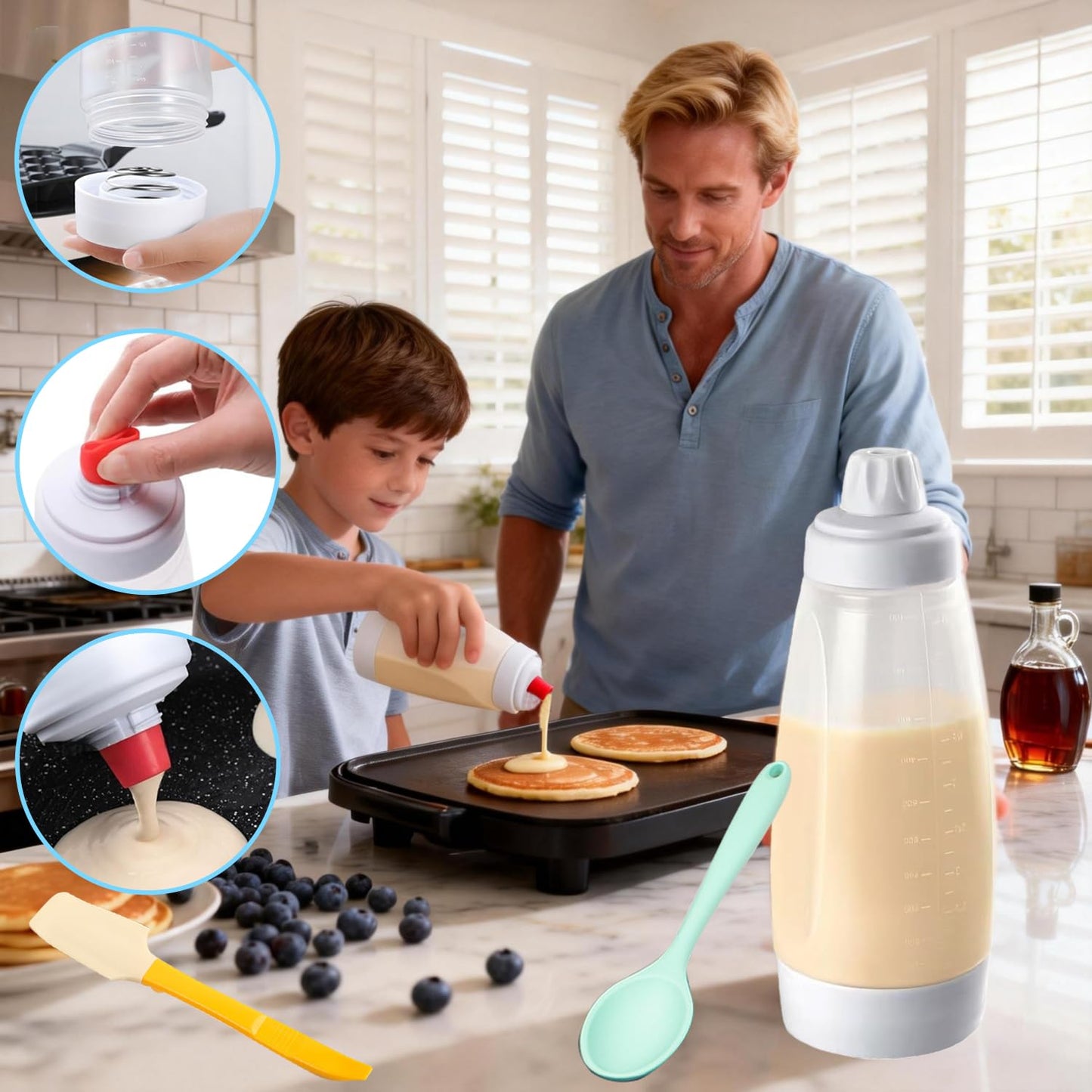 Vziokk Pancake Batter Dispenser, 33 Oz Pancake Mixer Bottle with Silicone Spatula and Spoon, Kitchen Squeeze Batter Dispenser and Mixer with BlenderBall for Pancake, Waffle, Crepe, Muffin, Cupcake