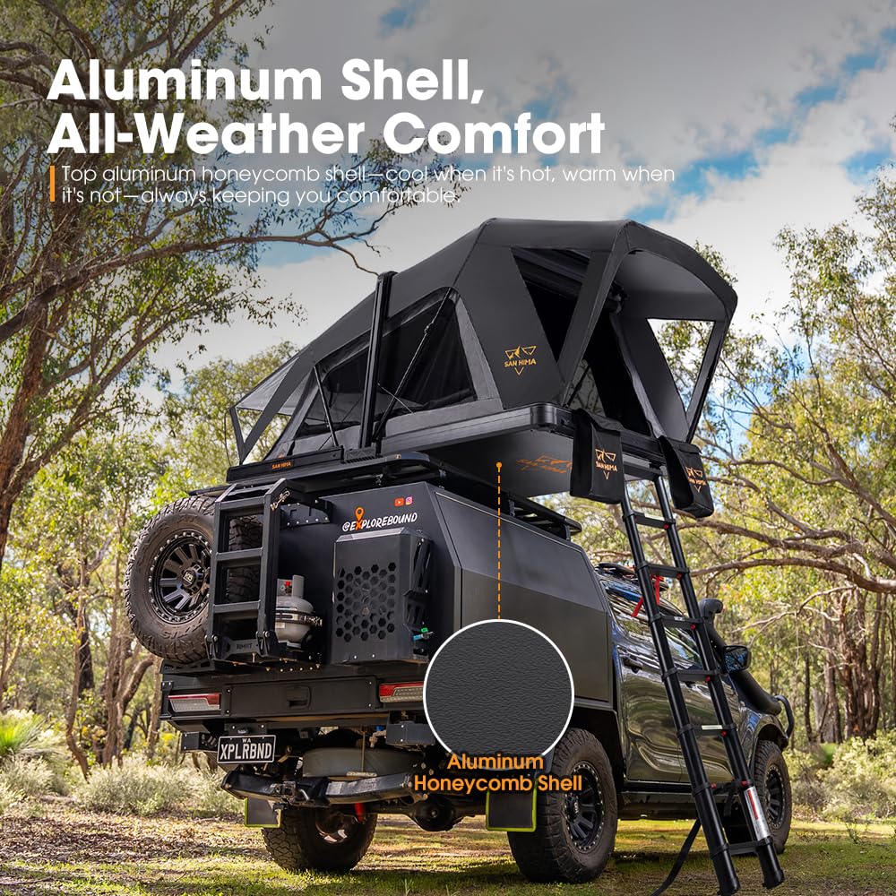 SanHima Rooftop Tent Hard Shell - CapeTop Overland Aluminium Fold-Out Roof Top Tent 131.5LBS Lightweight, w/Annex Room Digital Panel & Tri-Color LED Strip Light, for Car SUV Truck Camping, 2-3 People