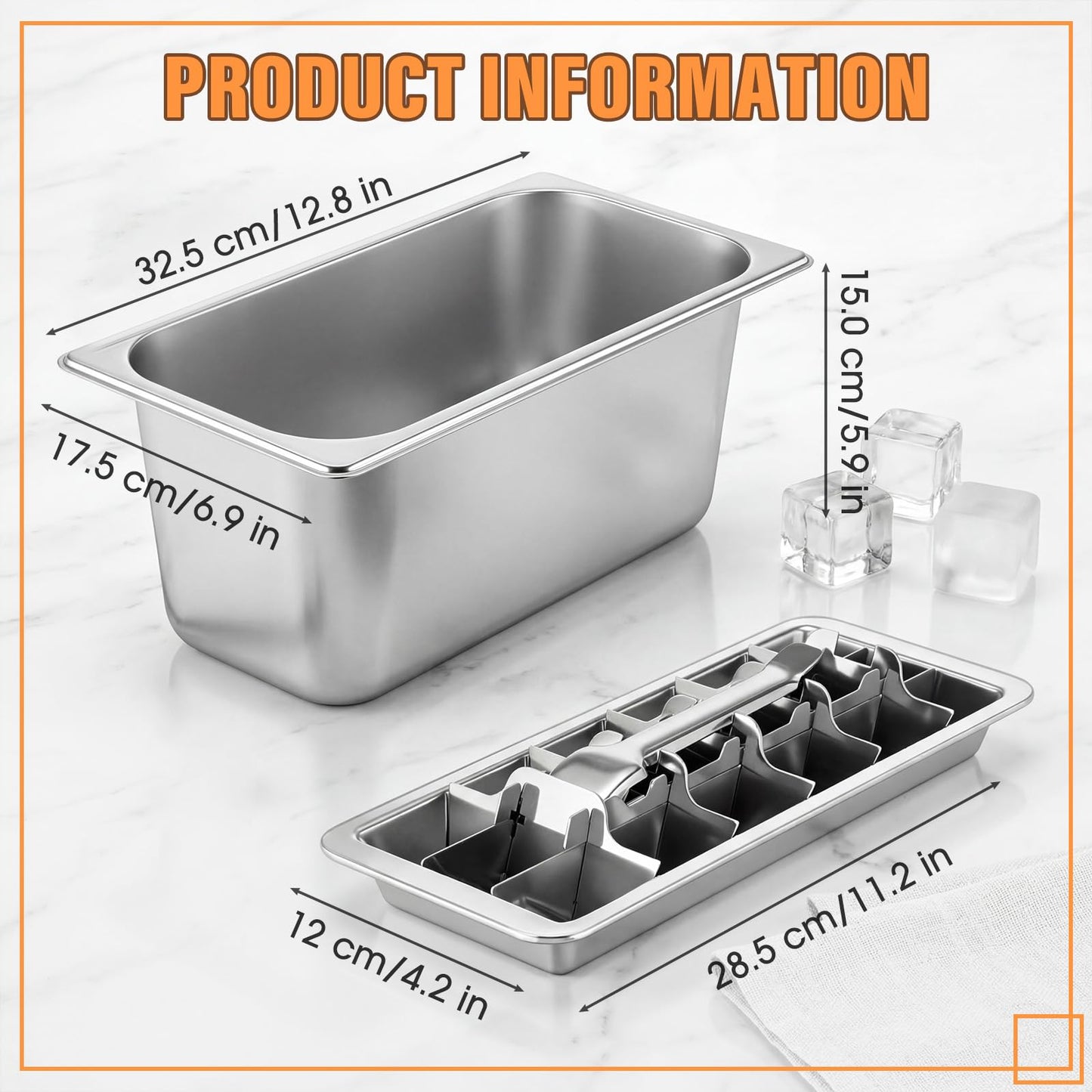 Baderke Stainless Steel Ice Cube Tray Ice Bucket 18 Slot Heavy Duty Metal Icecube Mold Wine Beer Champagne Bucket Container for Bars Parties Picnics