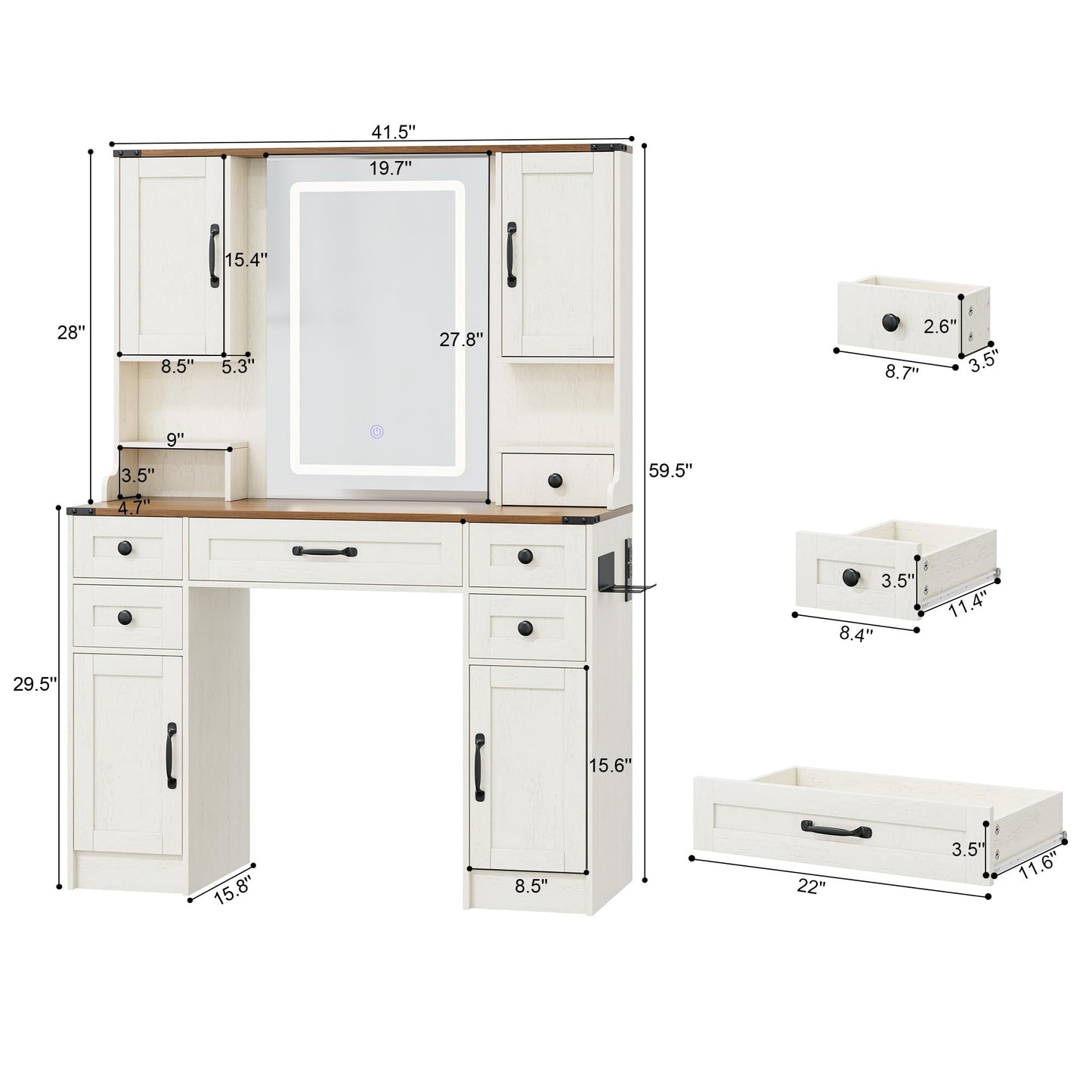 NBYSGO Farmhouse Vanity Desk with Mirror and Lights, Large Makeup Table with 6 Drawers and 4 Storage Cabinets, 3 LED Lights Modes, White Dressing Set for Girls Bedroom