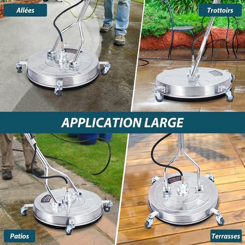 Takywep Heavy Duty Stainless Steel Pressure Washer Surface Cleaner – Dual Handle, 4 Wheels, 2 Nozzles, 3/8" Quick Connect, 4000 PSI – for Driveways, Patios, Decks, Sidewalks – Disc Diameter 24"
