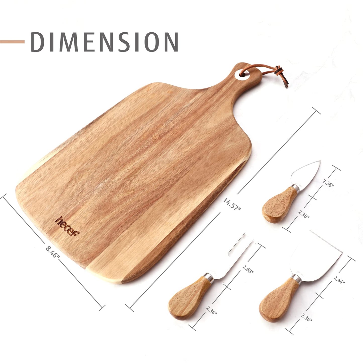 hecef Upgrade Bigger Cheese Board set of 4, a Acacia Wood Cheese Plate and 4 Pcs Knives, Charcuterie Platter Serving Tray for Appetizers, Feast, Housewarming, Cheese Serving