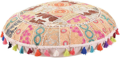 GANESHAM Vintage Indian Handmade Bohemian Patchwork Cotton Foot Stool, Round Floor Pillows & Cushion Cover (White, 32