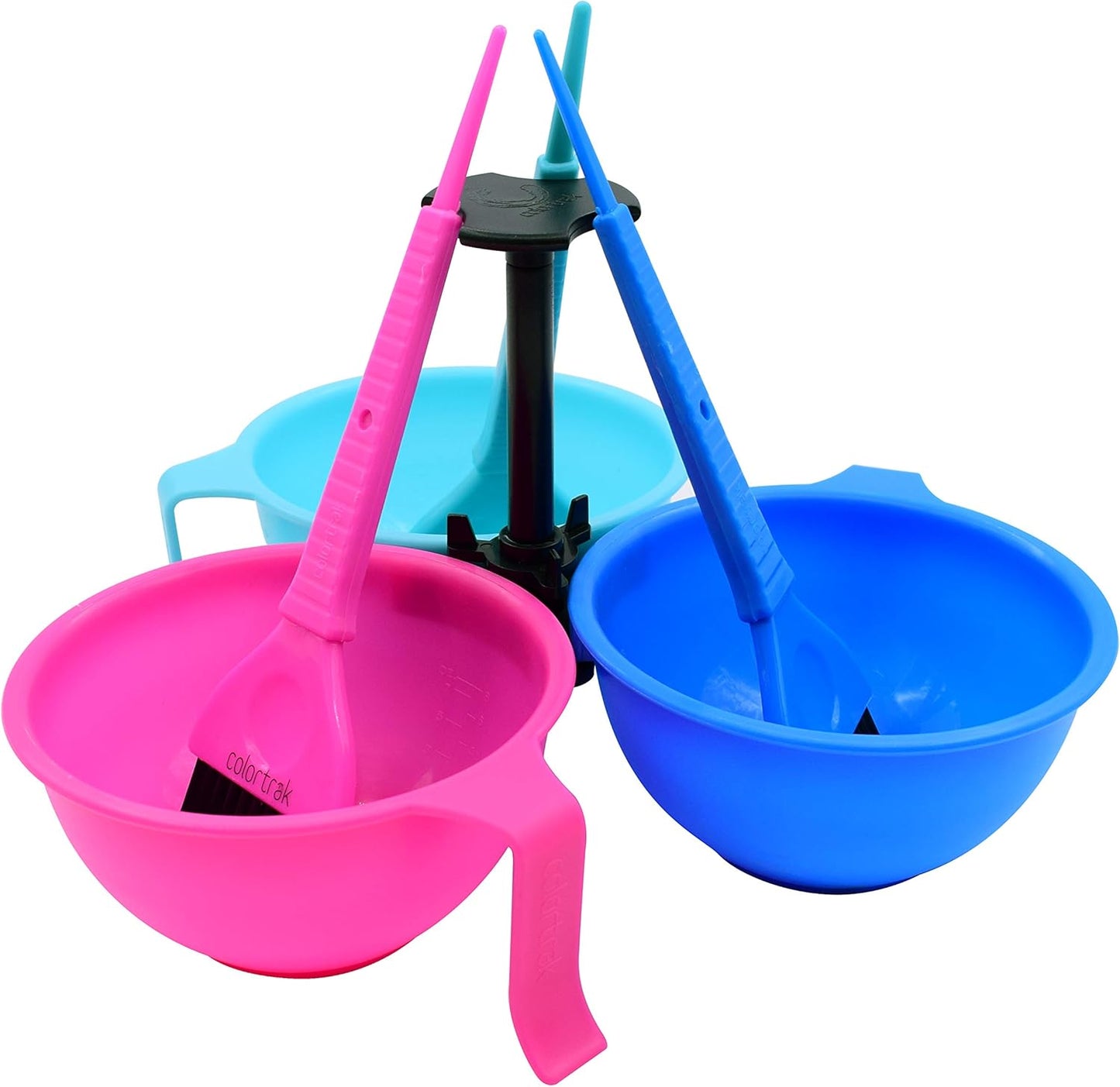 Colortrak Hair Dye Bowl Caddy, Includes Center Caddy Pole and Three Color Coded Bowls with Brushes