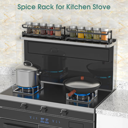 LUCYCAZ 2 Pack Wall Mounted Spice Rack with 8 Hooks, Spice Organizer Shelf for Stove Cabinet Pantry Door,Screw or Adhesive Spice Shelf Hanging Wall Spice Rack in Kitchen and RV (Black, 2 PACK)
