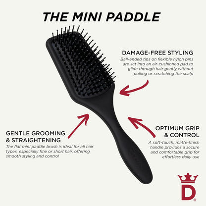Denman (Black) Mini Paddle Cushion Hair Brush for Blow Drying, Detangling & On the Go Travel - Comfortable Styling, Straightening & Smoothing - For Women and Men, D84