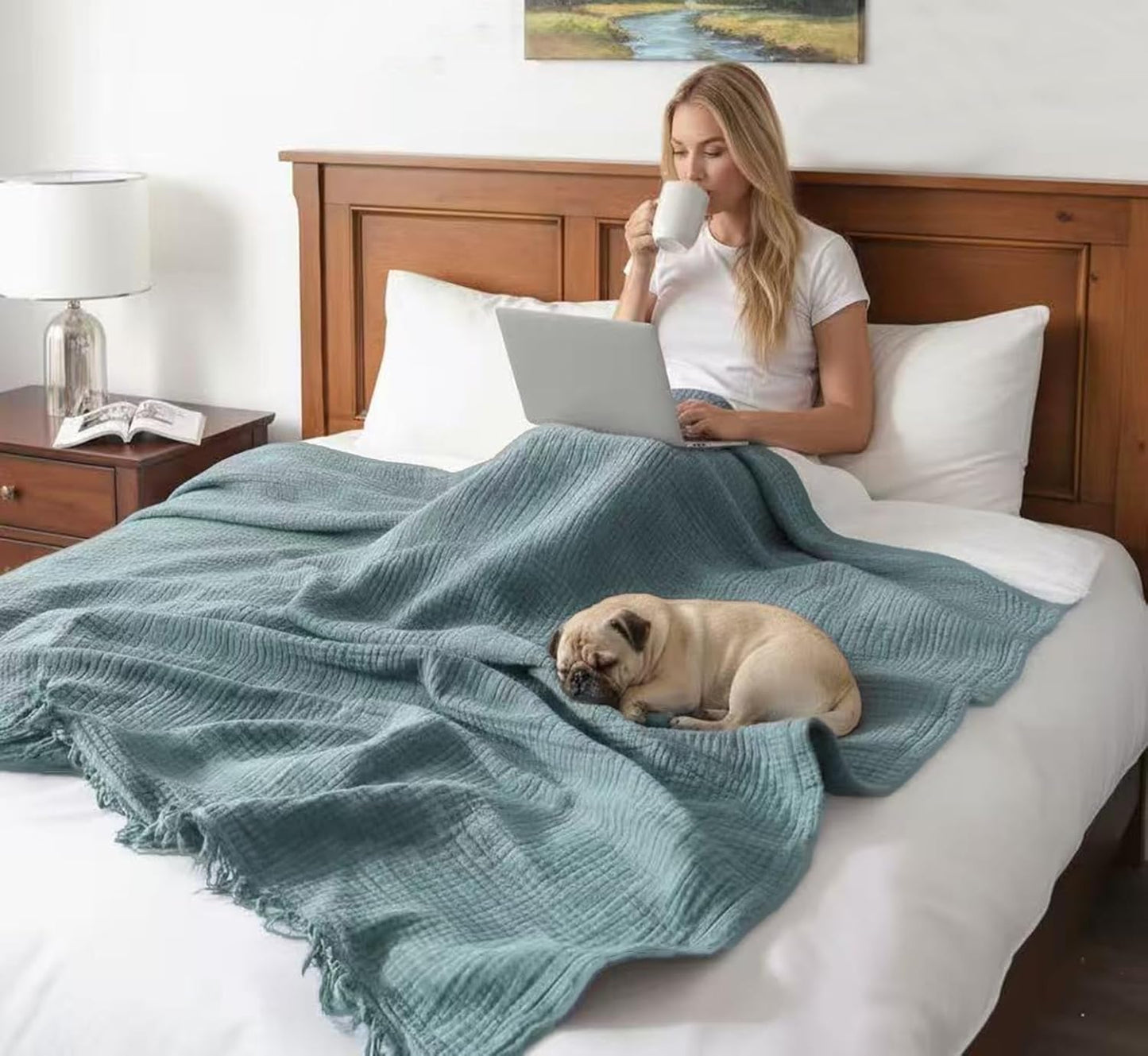 KyraHome 100% 90"x90" Organic Cotton Muslin Blankets, Queen, Pre-Washed, Breathable Lightweight Gauze Cotton Blanket