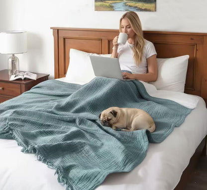 KyraHome 100% 90"x90" Organic Cotton Muslin Blankets, Queen, Pre-Washed, Breathable Lightweight Gauze Cotton Blanket