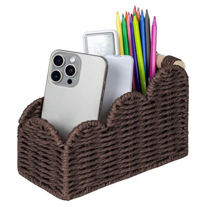 CubesLand Bedside Table Desk Organizer Caddy, Remote Pen&Pencil Holder Cup, Makeup Brush Holder w/Scalloped Perfect for Home, Office Desk, Living Room Table Decor, 3 Slots Brown