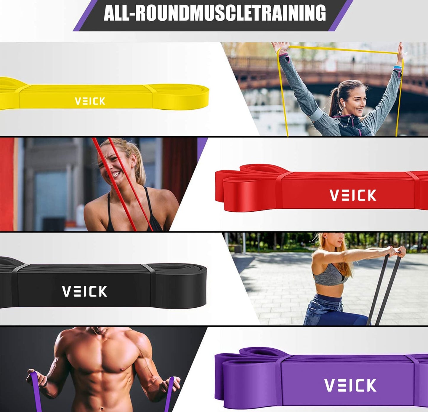 VEICK Resistance Bands for Working Out, Rubber Exercise Band Set for Men Women, Heavy Full Body Elastic Workout Bands Equipment for Home Fitness Gym, 4pcs