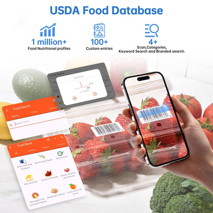 Smart Food Kitchen Scale with Nutritional Calculator, 30 Nutrients App for Tracking Calories, Fat, Carbs & Protein, Personal Goals and Daily Reports, On-Screen Nutrient Info, 22lb/10Kg
