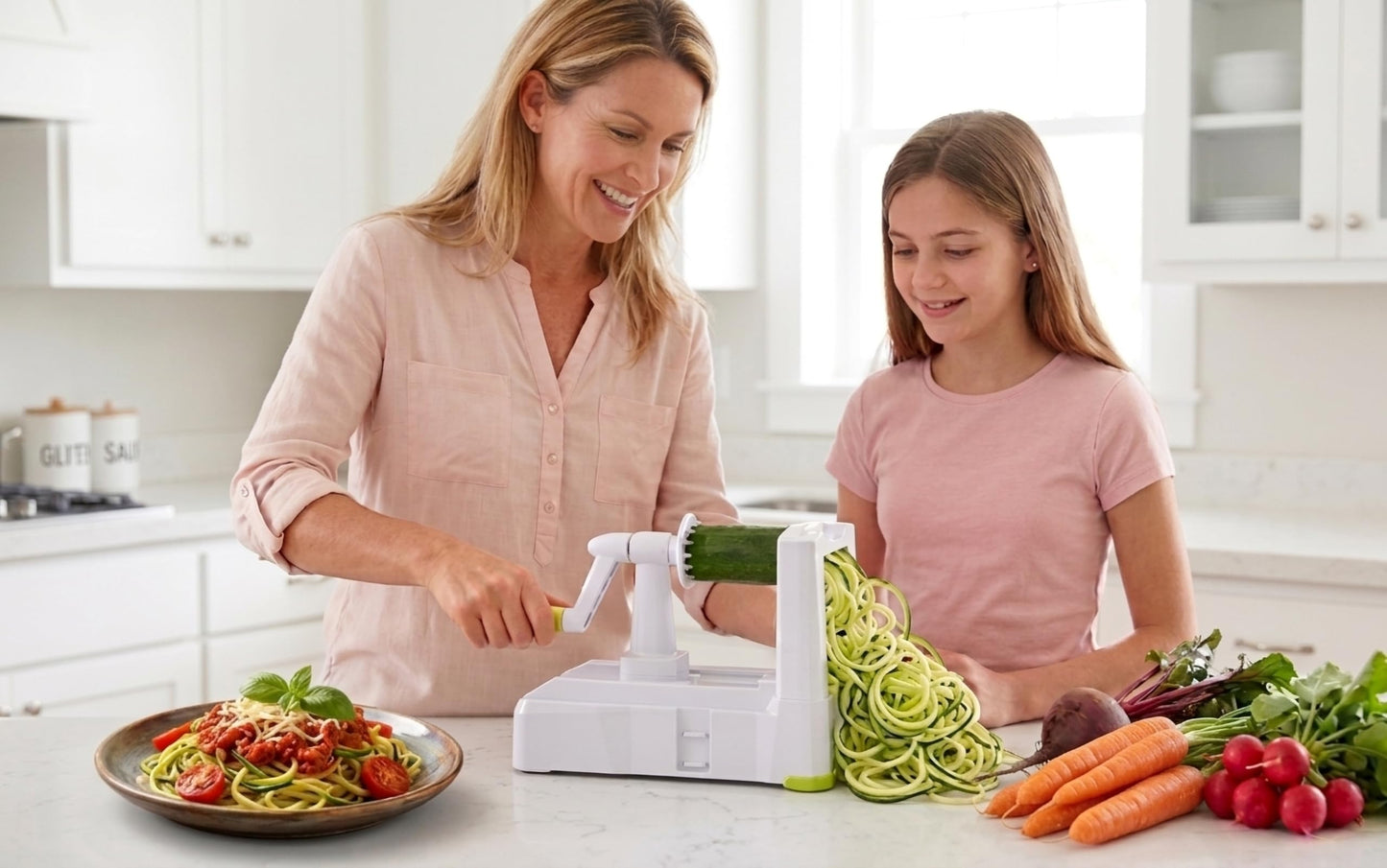 Brieftons 5-Blade Vegetable Spiralizer: Best Zucchini Spiral Slicer & Veggie Noodle Maker, Japanese Steel Blades, Strong Suction Cup, Blade Caddy, 4 Recipe eBooks | Low Carb, Vegan, Paleo, Gluten-Free