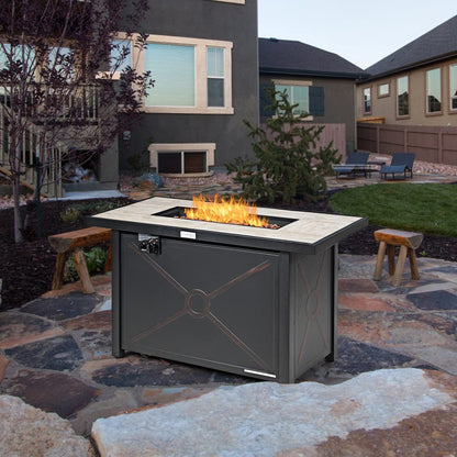 COSTWAY 42" Propane Fire Pit Table, 60,000 BTU Outdoor Rectangle Gas Fire Table W/Ceramic Tabletop, Lava Rock & PVC Cover Included, Stainless Steel Burner, Ideal for Backyard, Poolside