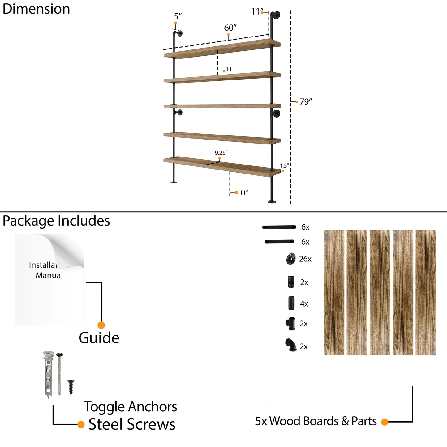 Wallniture 60" Long 5 Shelf Bookcase with 9.25" Deep and 1.5" Thick Real Solid Wood Boards, Standing Bookshelf with Pipe Style Wall Support - 5 Tier - Burnt