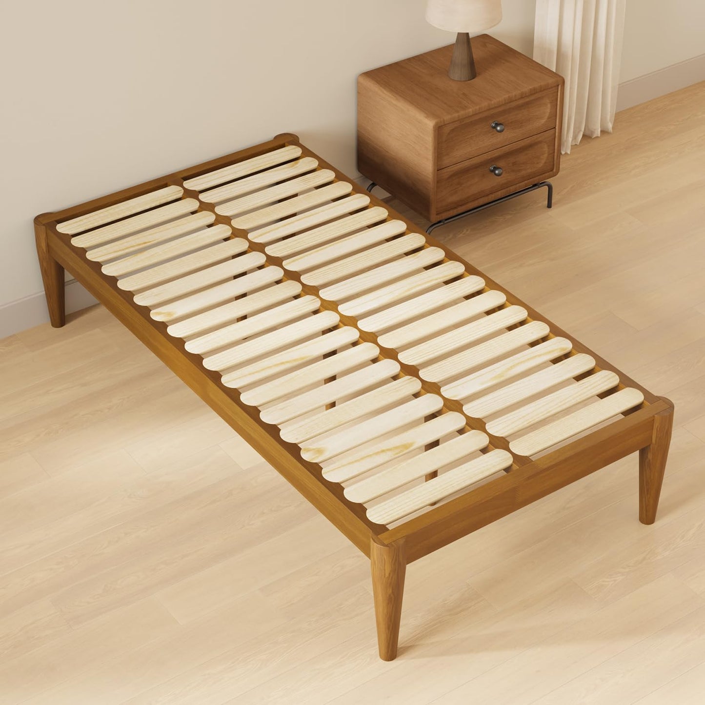 IOTXY Twin Platform Bed Frame - Solid Wood 16-Inch Height Mattress Foundation Base with Densely Slats and Heavy-Duty Support Legs, No Box Spring Needed, Teak