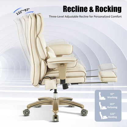 Furnistyle Leather Office Chair with Footrest, High-Back Executive Office Chair with Adjustable Lumbar Support, Luxury Desk Chair with Silent Wheels Rocking 360° Swivel, Height Adjustment,Beige
