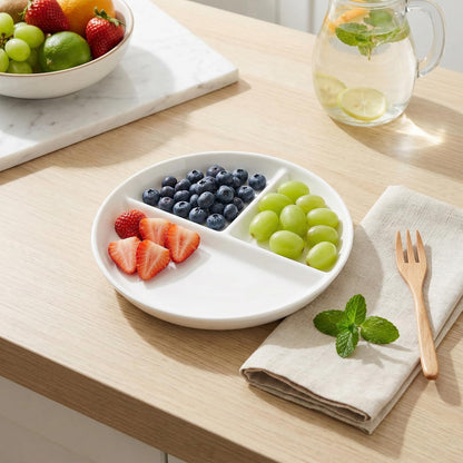 Enjamyo 2 Pcs Ceramic Portion Control Plate, 9 Inch Divided Plate, 3-Compartment Portion Plate, White Dinner Plates for Adults Weight Loss Healthy Eating Bariatric