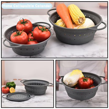 Collapsible Colander with Handle, Silicone Kitchen Colander for Easy Storage,Four-side Fast Draining Silicone Draining Basket, Perfect for Fruits Vegetables (Gray L)