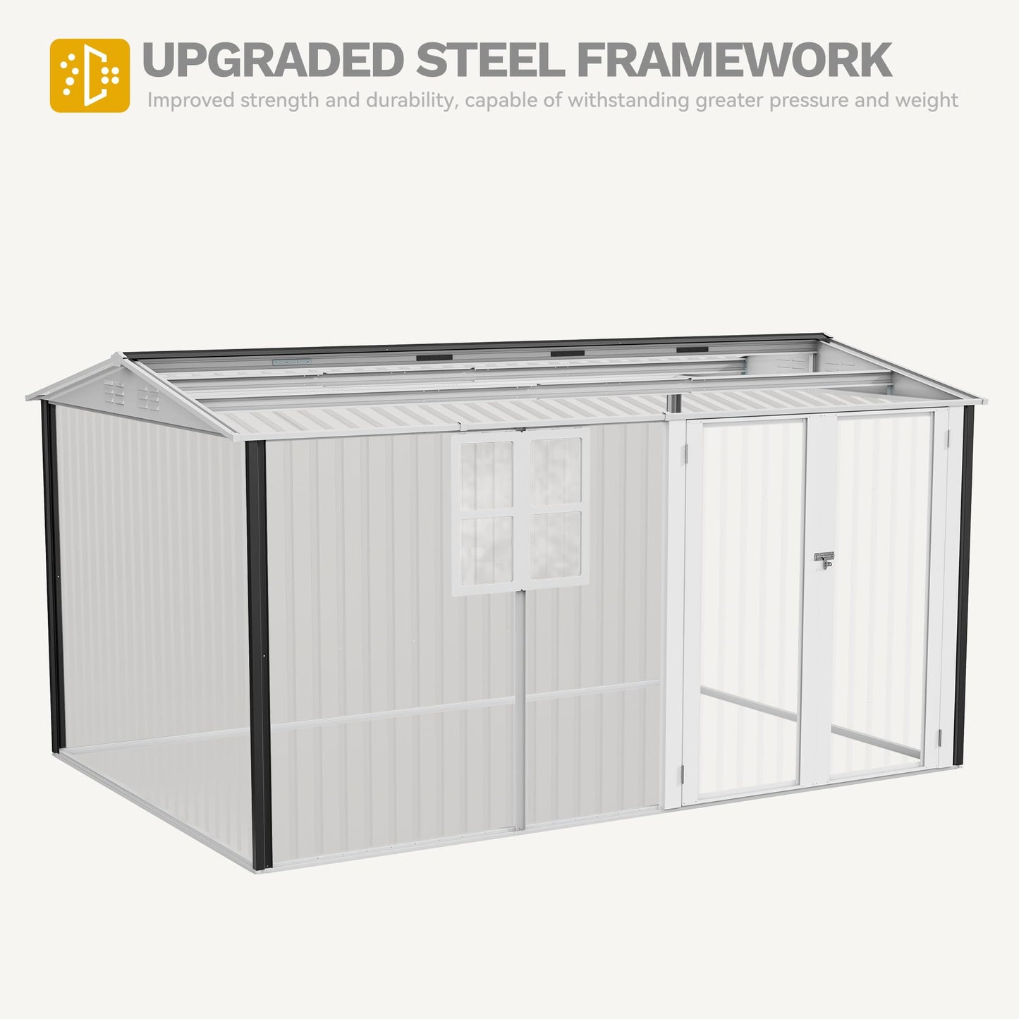 DWVO 12x8ft Large Tool Storage Shed with Window, Lockable Doors, and Sloped Roof, Oversized Steel Outdoor Storage Shed for Garden, Patio, Garage, Backyard, Lawn(Gray + White)