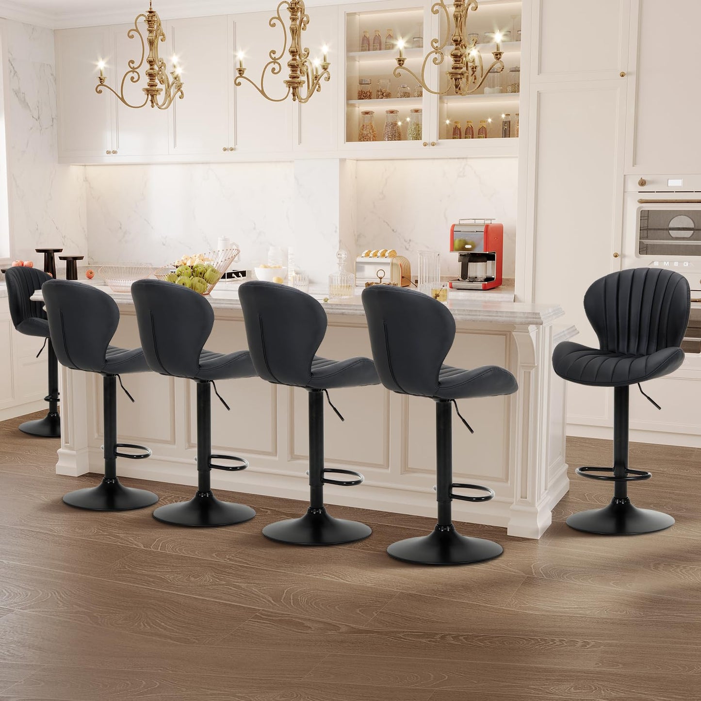 COLAMY Bar Stools Set of 6, Modern Swivel Bar Chairs, Adjustable Faux Leather Upholstered Barstools Counter Height with High Backrest for Bar, Kitchen Island, Dining Room, Black