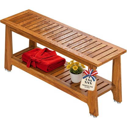 NNN 42" Commercial Teak Shower Bench - 8 Non-Slip Leveling Feet & 350 lbs Capacity | Rock-Solid Stability for Seniors & Spa Safety | Waterproof Design for Saunas/Outdoor Pools (Patented)