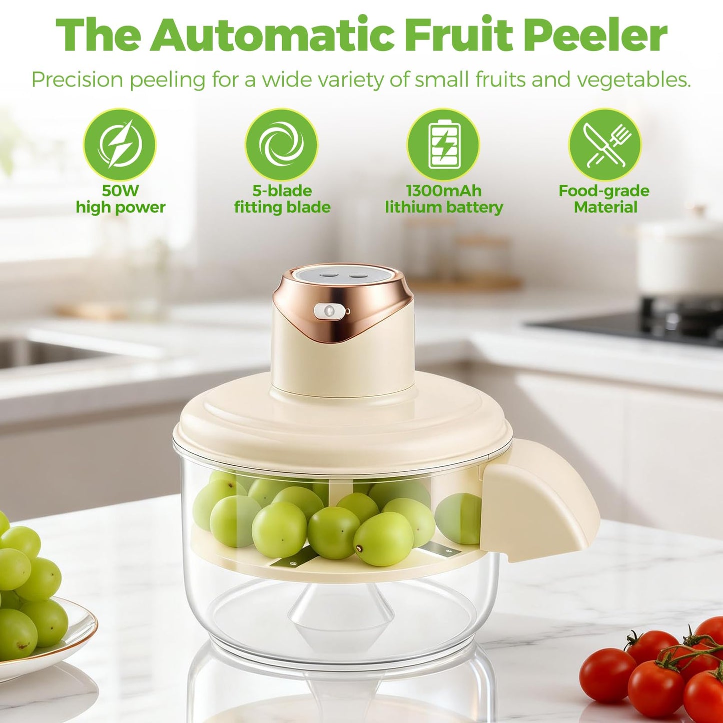Meuuxe Electric Grape Peeler Machine, 50W High Power Automatic Garlic Peeler & Cherry Tomato Skin Remover, Upgraded 5-Blade System, 1300mAh Rechargeable Fruit Peeling Tool for Salad & Kitchen
