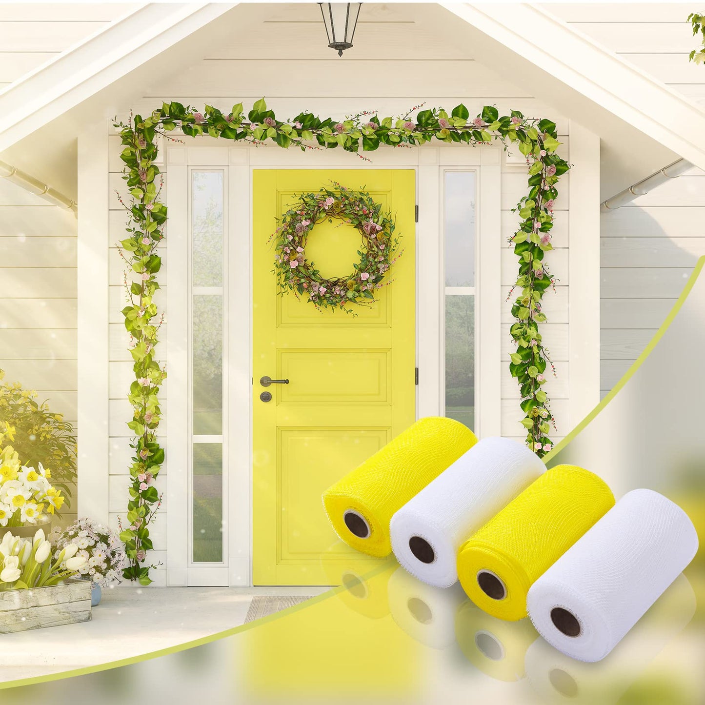 Waydress 4 Rolls Easter Decor Mesh Ribbon Making Supplies Poly Mesh Ribbon for Halloween Craft Wreaths Decorating 30 Feet Each Roll(6 Inch Wide,Yellow, White)