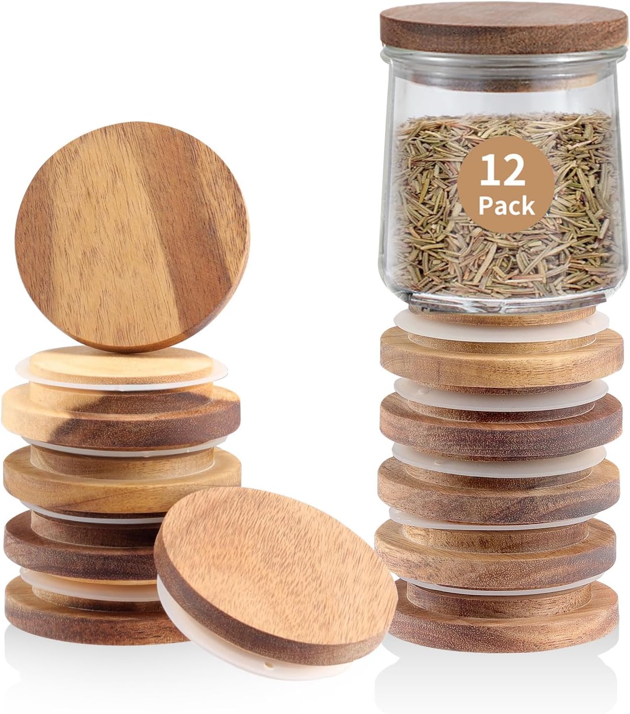 12 Pack 5 Oz Oui Yogurt Jar Lids | Natural Wooden Lids for Oui Yogurt Jars with Silicone Sealing Rings | Lids Only |