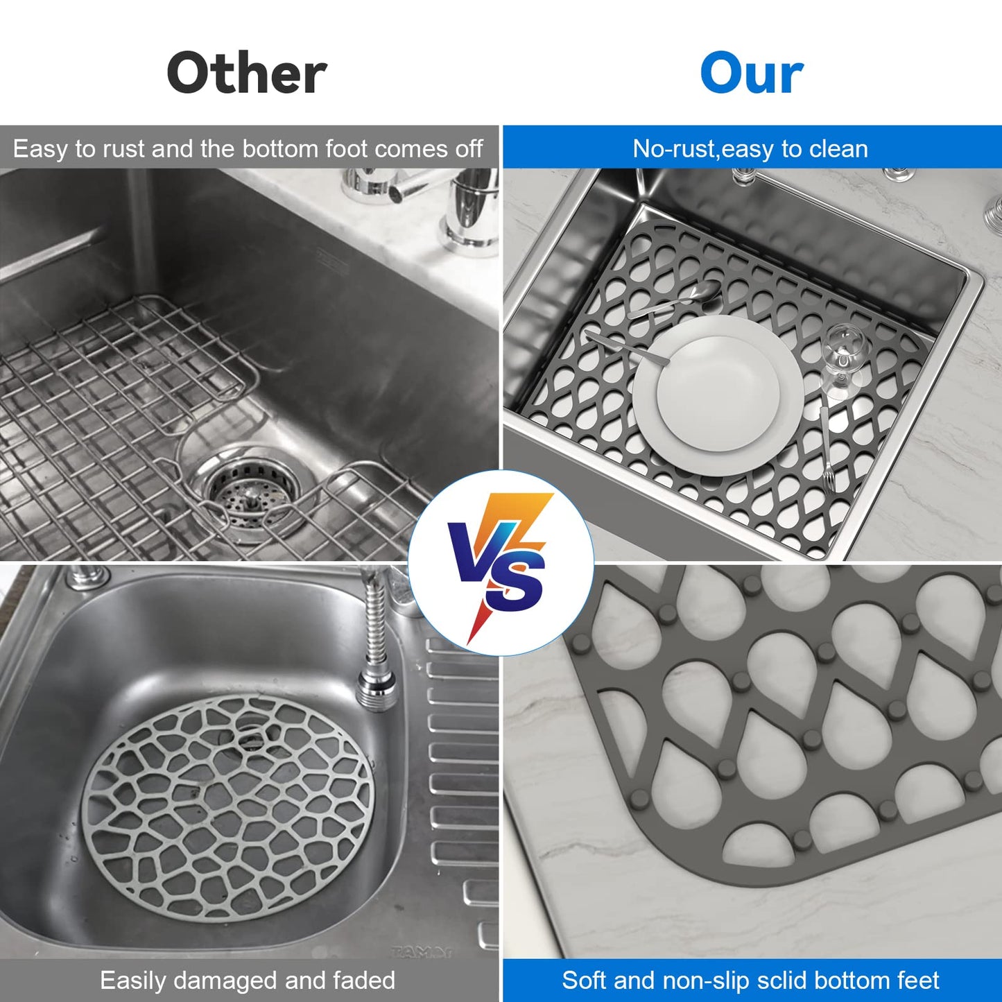 Silicone Sink Mat 2PCS TOOVEM Sink Protectors for Kitchen Sinks, Non-Slip Folding Grid for Bottom of Farmhouse Stainless Steel Porcelain Sink Pad