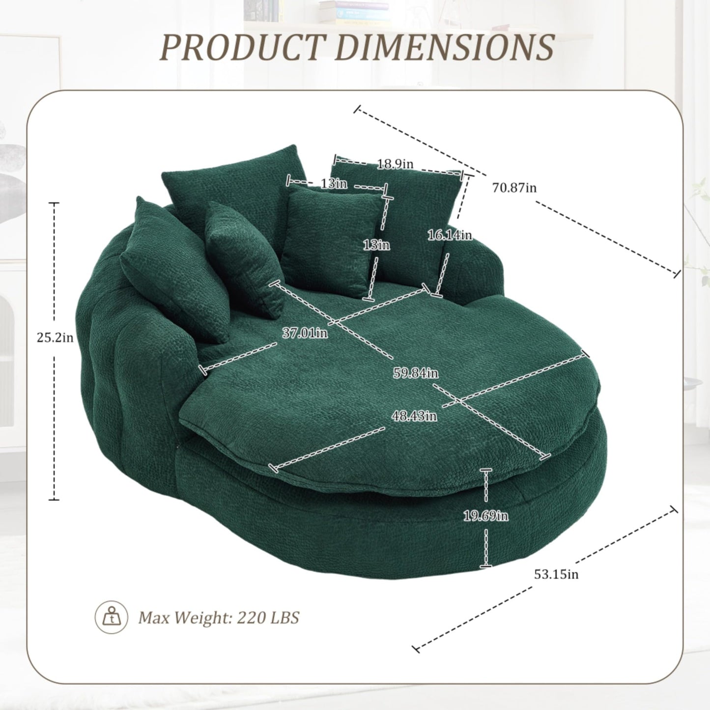 WEALTHOUSE Oversized Oval Floor Sofa Lounger with Pillows Ergonomic Wrap Around Backrest Chenille Fabric Memory Foam Filled Lazy Chair for Adults Living Room (Emerald)